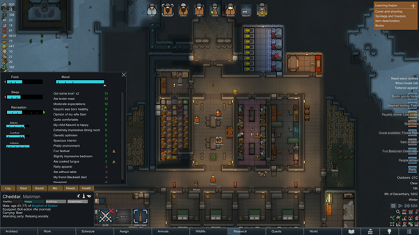 A colonist’s “needs” and overall mood menu.